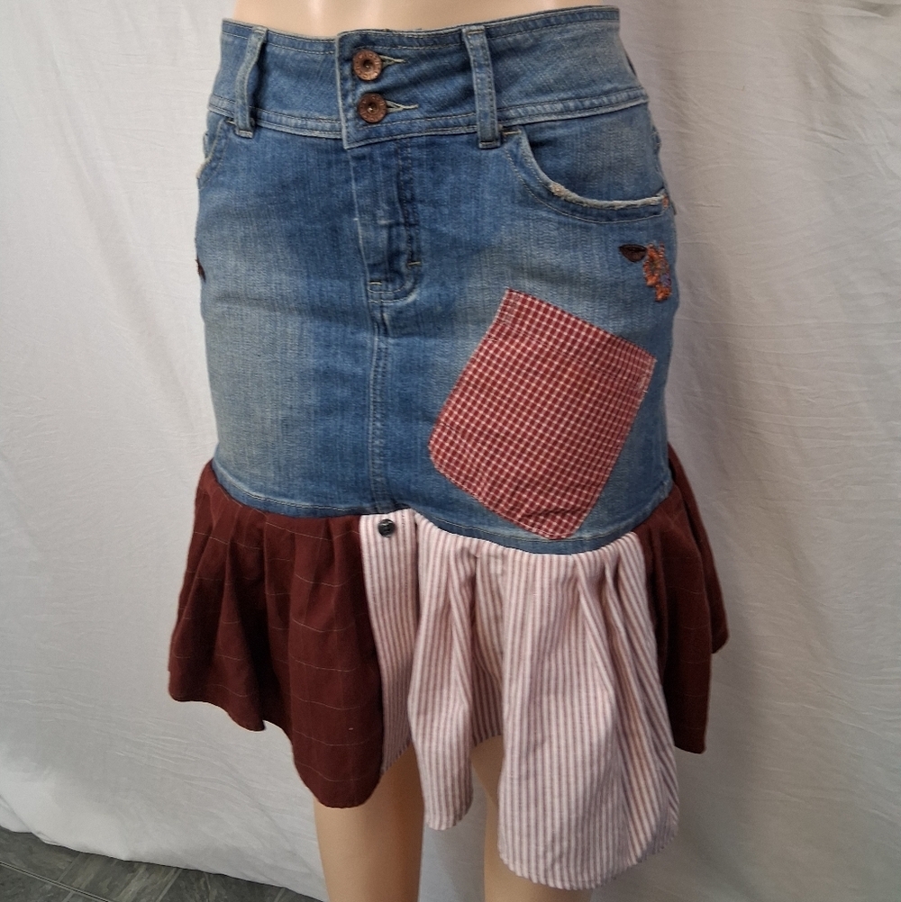 Clash Jeans Ash Patchwork Denim Mini Skirt in Blue, Brown and Cream Size L - Picture 5 of 16